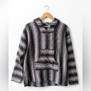 Vintage Mexican Baja Hoodie Striped Drug Rug Confetti Knit Black White Small